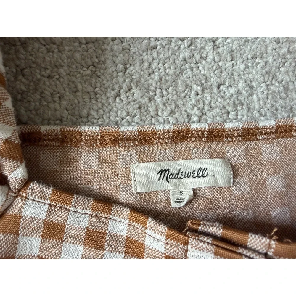 Madewell Top Womens S Brown White Cottage Chic Gingham Plaid Puff Sleeve Shirt